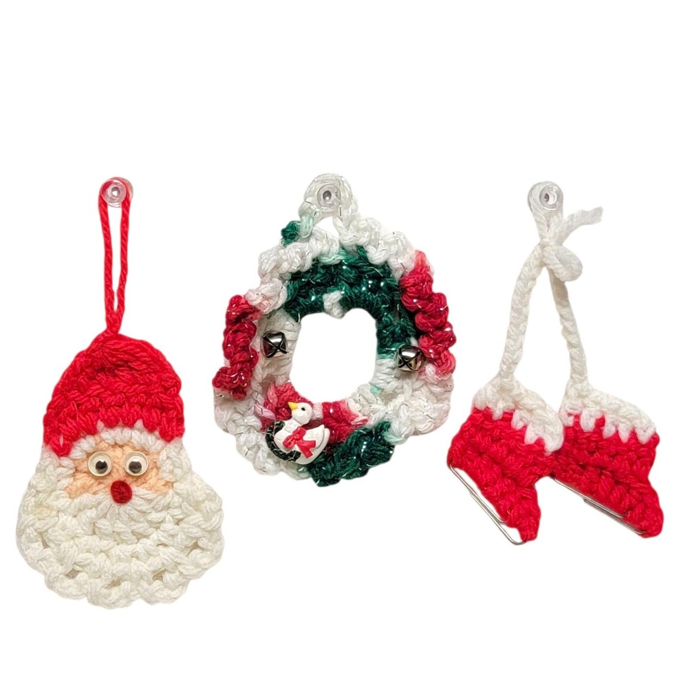 VTG 80s Crochet Christmas Ornaments Lot of 3 Santa Claus Wreath Ice Skates Tree
